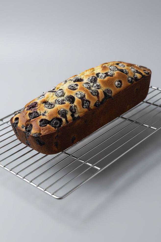 Blueberry bread on a cooling rack
